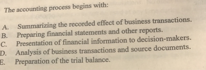  The accounting process begins with: A. Summarizing the recorded effect of