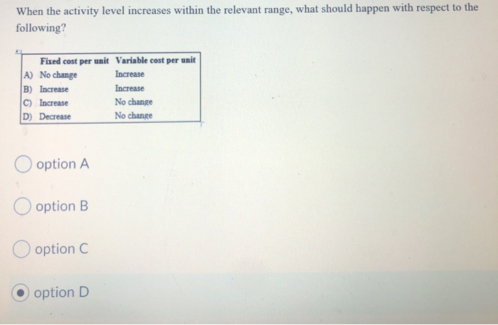  When the activity level increases within the relevant range, what should
