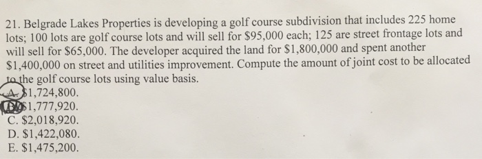  21. Belgrade Lakes Properties is developing a golf course subdivision that