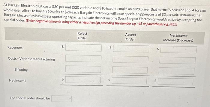  At Bargain Electronics, it costs $30 per unit ( $20 variable