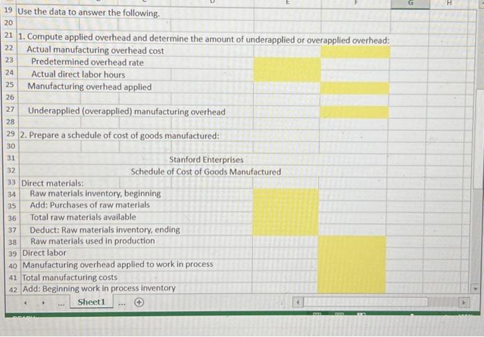 answer the following. 20 21 1. Compute applied overhead and determine the