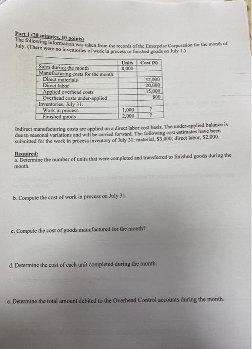 pls solve i dont have much time Part 1 (20 minutes, 10