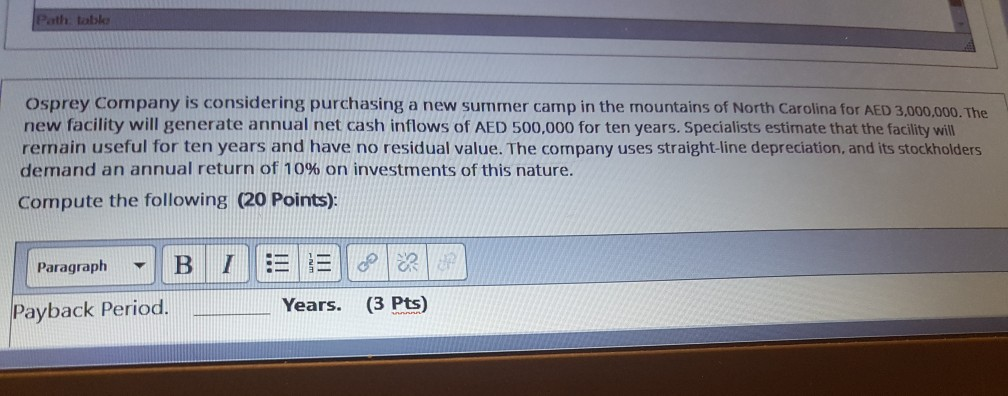  Path table Osprey Company is considering purchasing a new summer camp