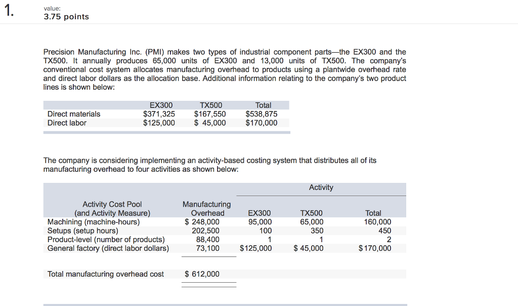 value: 3.75 points Precision Manufacturing Inc. (PMI) makes two types of