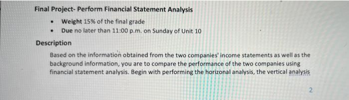 please help asap final assignment . Final Project- Perform Financial Statement Analysis