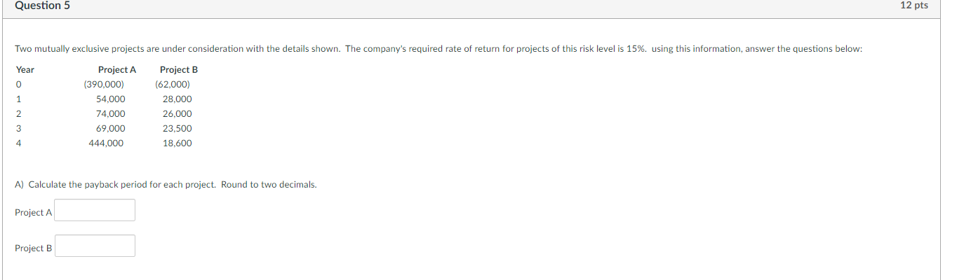  Question 5 12 pts Two mutually exclusive projects are under consideration