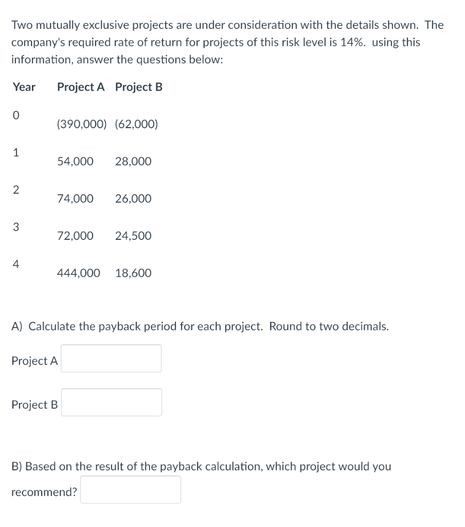 Two mutually exclusive projects are under consideration with the details shown.