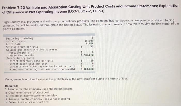  Problem 7-20 Variable and Absorption Costing Unit Product Costs and Income