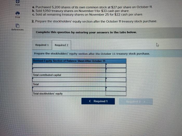 Sold 1,050 treasury shares on November 1 for $33 cash per share.