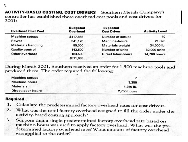  1 3. ACTIVITY-BASED COSTING, COST DRIVERS Southern Metals Company's controller has