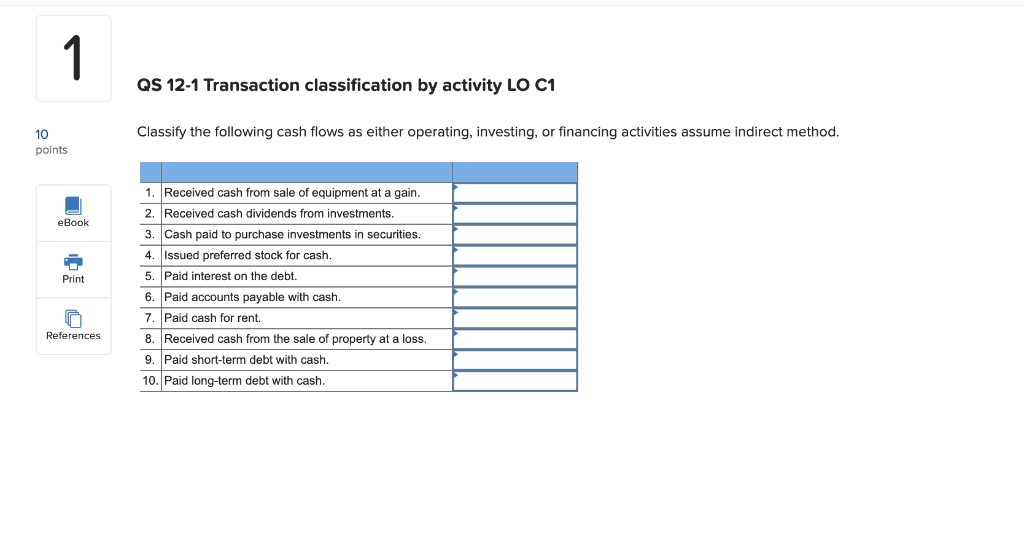  1 QS 12-1 Transaction classification by activity LO C1 Classify the