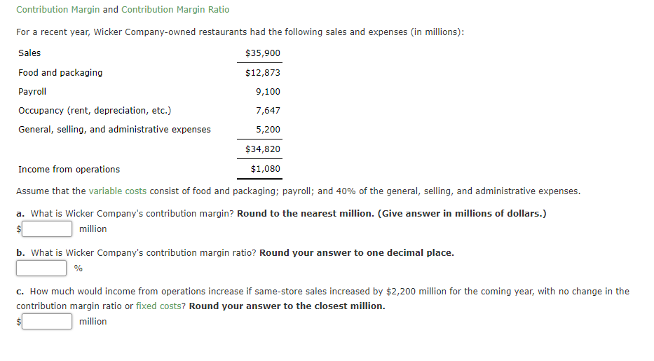  Contribution Margin and Contribution Margin Ratio For a recent year, Wicker