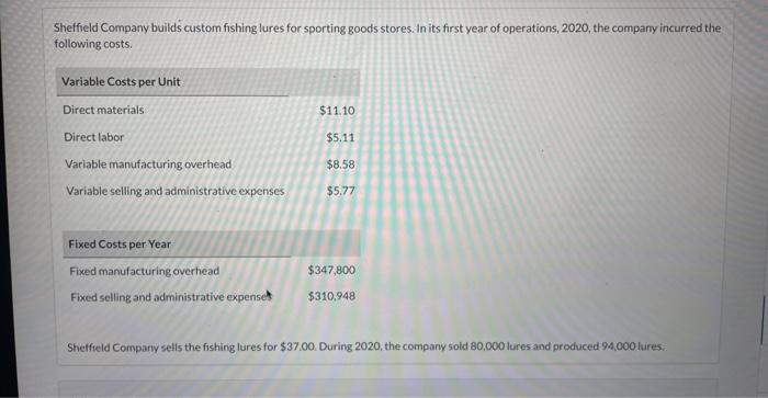 e 3. (45).) Assuming the company uses variable costing, calculate Sheffield's manufacturing