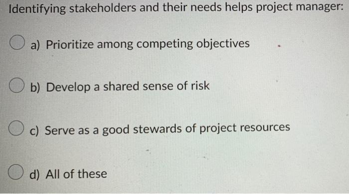  Identifying stakeholders and their needs helps project manager: a) Prioritize among