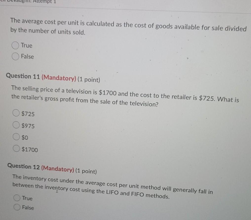 Attempt 1 The average cost per unit is calculated as the