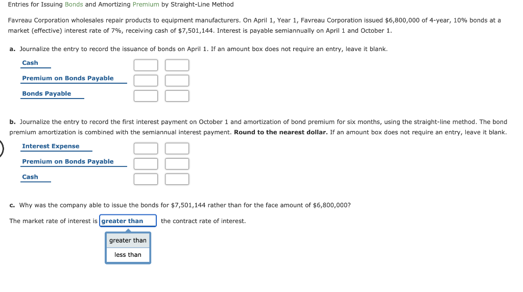  Entries for Issuing Bonds and Amortizing Premium by Straight-Line Method Favreau