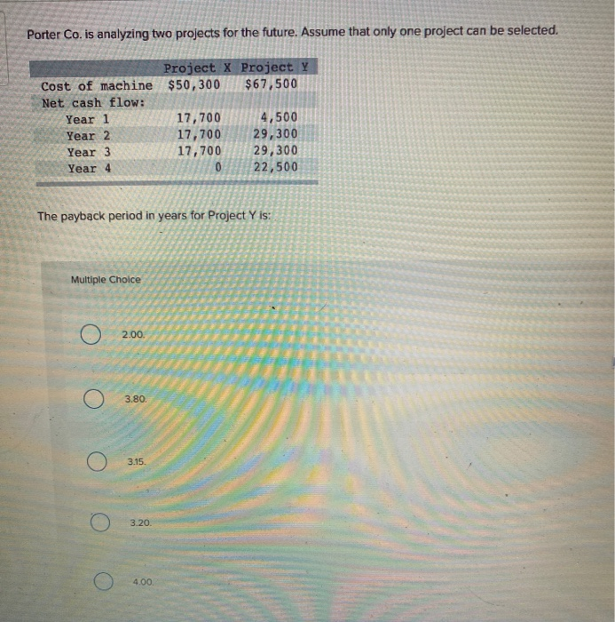 Porter Co. is analyzing two projects for the future. Assume that only