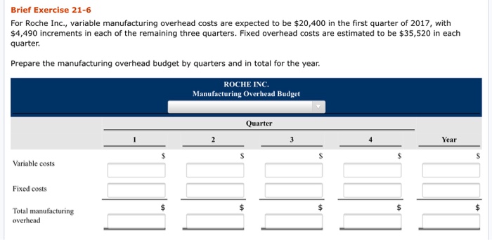  Brief Exercise 21-6 For Roche Inc., variable manufacturing overhead costs are