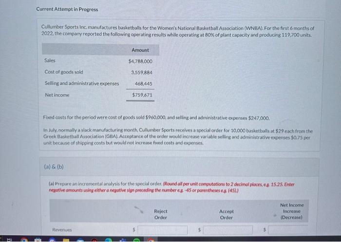 I need help Current Attempt in Progress Cullumber Sports inc manufactures basketbalis