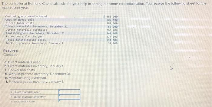  The controller at Bethune Chemicals asks for your help in sorting