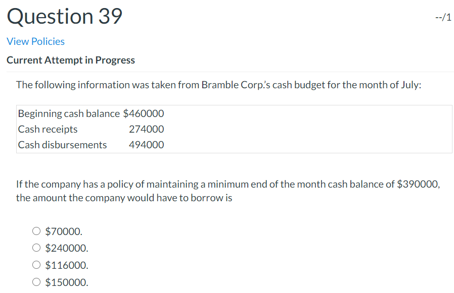  Question 39 --/1 View Policies Current Attempt in Progress The following
