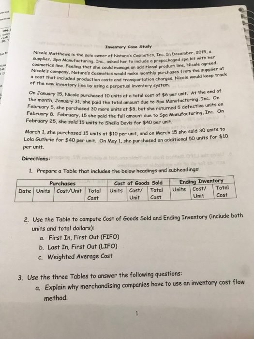  Inventory Case Study Nicole Matthews is the sol e owner of