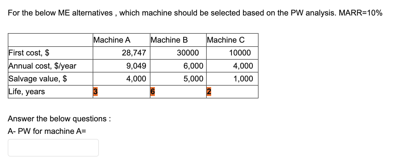 a. b.) c.) d.) For the below ME alternatives, which machine should