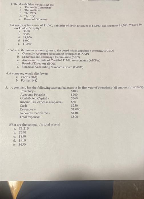 need explanations if possible 1. The shareholders would clect the: a. The