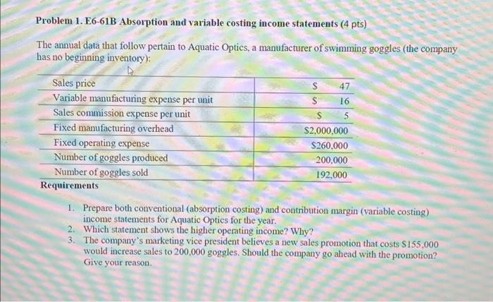  Problem 1. E6-61B Absorption and variable costing income statements (4 pts)