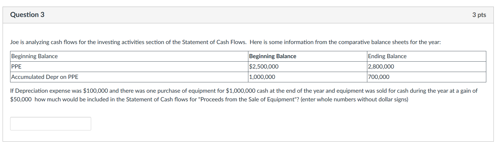 Question 3 3 pts Joe is analyzing cash flows for the