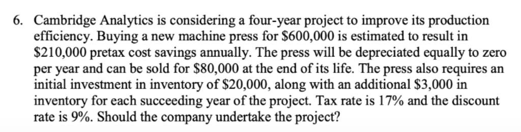 Cambridge Analytics is considering a four-year project to improve its production