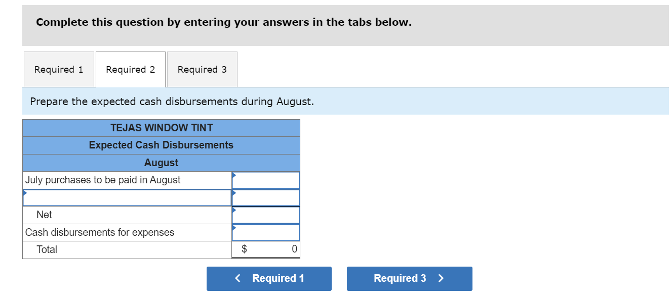 answers in the tabs below. Prepare the expected cash disbursements during August.