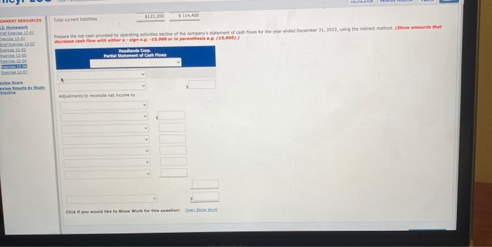 Exercise 12-06 The current sections of Headlands Corp's balance sheets at December