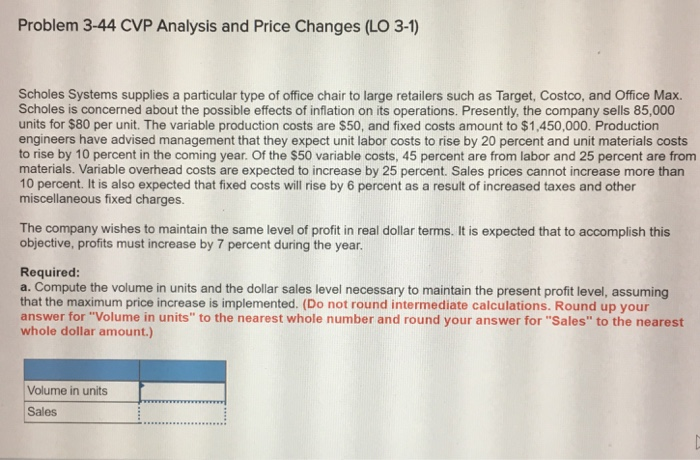  Problem 3-44 CVP Analysis and Price Changes (LO 3-1) Scholes Systems
