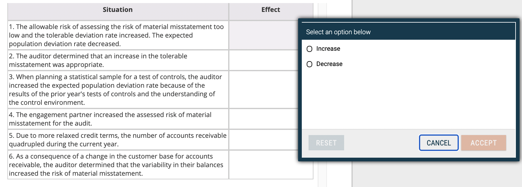  Situation Effect Select an option below O Increase 1. The allowable
