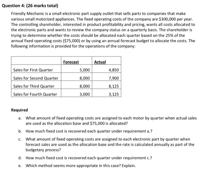  Question 4: (26 marks total) Friendly Mechanic is a small electronic