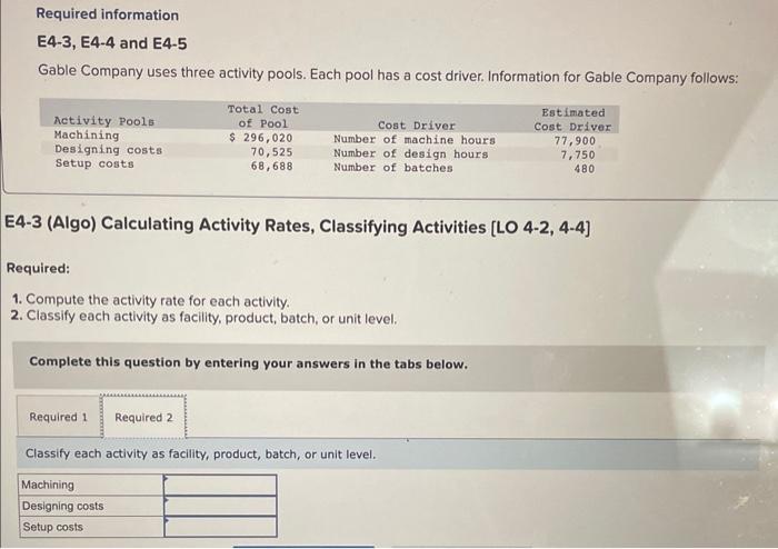 pool has a cost driver. Information for Gable Company follows: E4-3 (Algo)