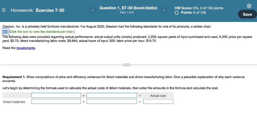  = Homework: Exercise 7-30 Question 1, E7-30 (book/static) Part 1 of