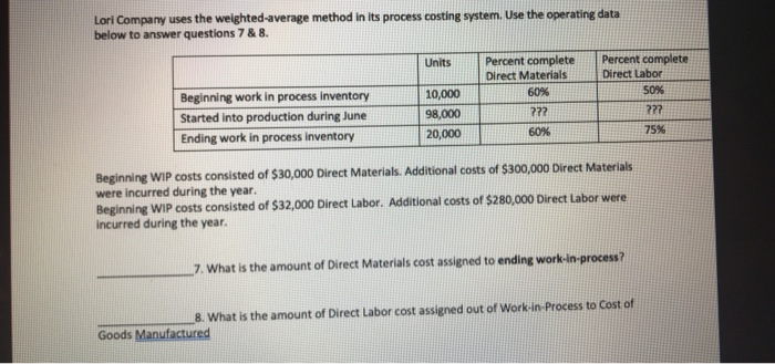  Lori Company uses the weighted-average method in its process costing system.