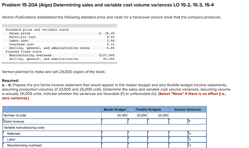  Problem 15-20A (Algo) Determining sales and variable cost volume variances LO