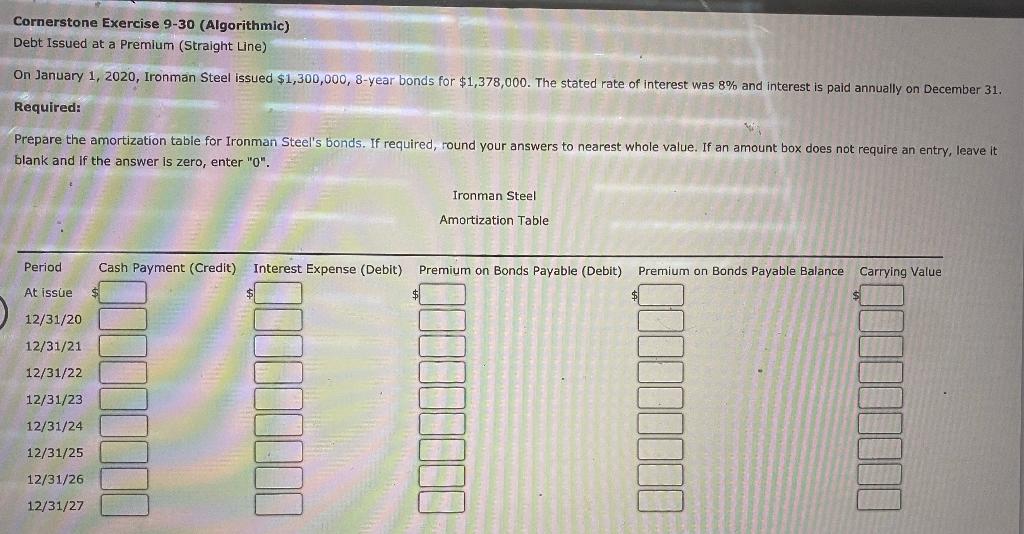  Cornerstone Exercise 9-30 (Algorithmic) Debt Issued at a Premium (Straight Line)