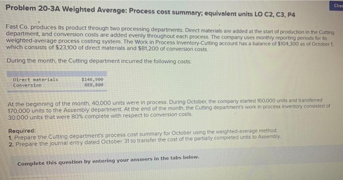  Problem 20-3A Weighted Average: Process cost summary; equivalent units LO C2,