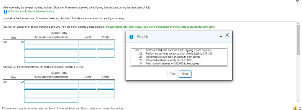 the transactions.) Journalize the transactions of Donovan Freeman, Architect Include an explanation