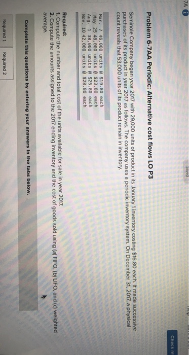  Check m Problem 6-7AA Perlodic: Alternative cost flows LO P3 Seminole