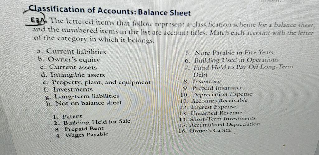 The lettered items that follow represent a classification scheme for a balance