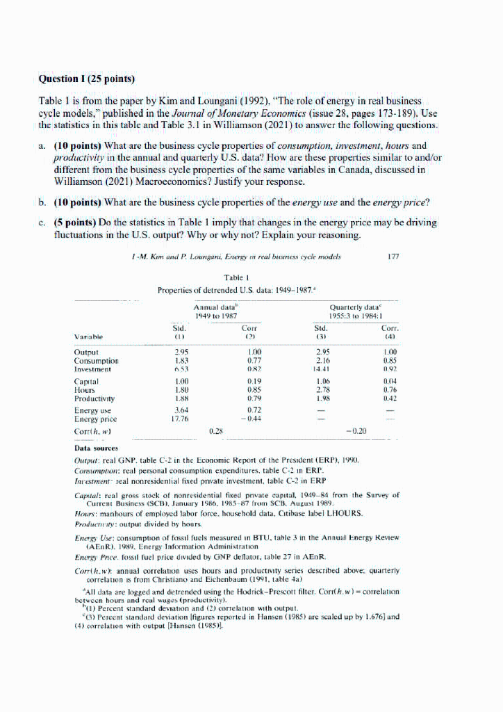 Question I (25 points) Table 1 is from the paper by