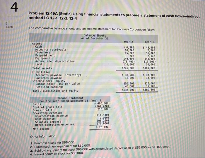  Problem 12-19A (Static) Using financial statements to prepare a statement of