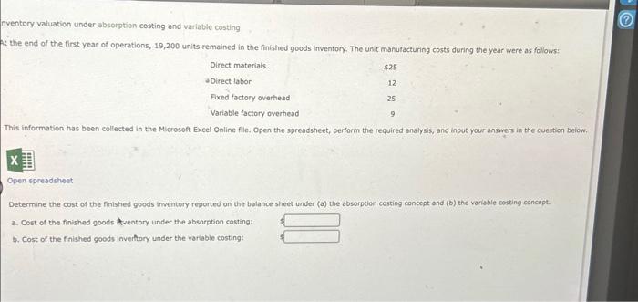  nventory valuation under absorption costing and variable costing the end of