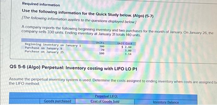  Required information Use the following information for the Quick Study below.