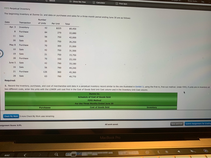  The beginning inventory for Dunne Co. and data on purchases and